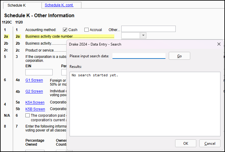 Image of Screen K with the Business Activity Code Search box enabled. 